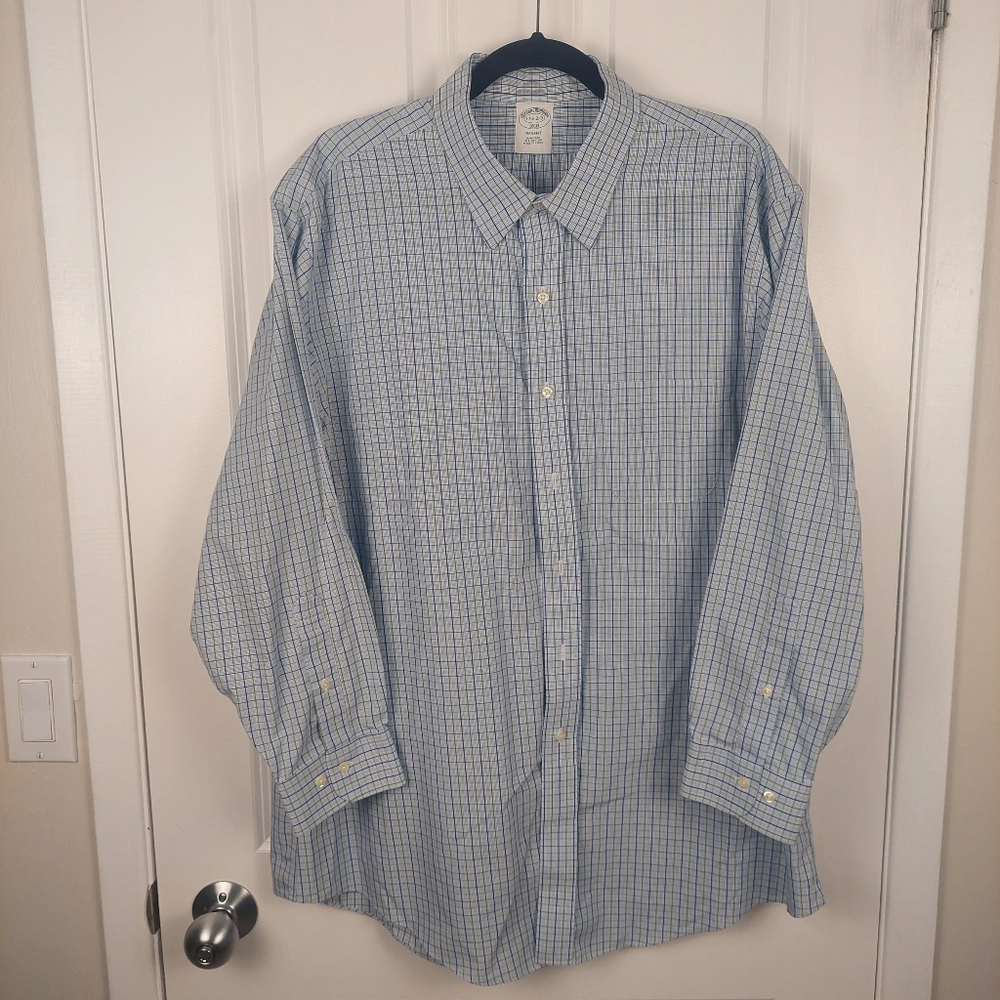Brooks Brothers Non-Iron Cotton Dress Shirt, Men's 17 1/2 Blue & Green Check